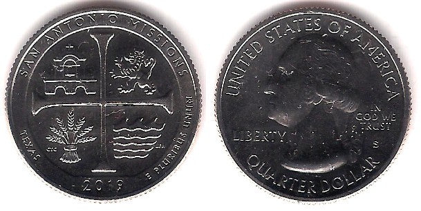 Estados Unidos de América. 2019(S). Quarter Dollar (SC) Sant Antonio Missions