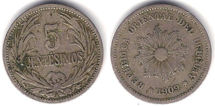 (21) Uruguay. 1909. 5 Centesimos (BC+)