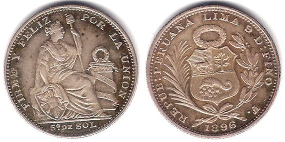 (205.2) Perú. 1896. 1/5 Sol (EBC+) (Plata)