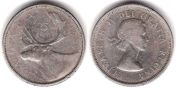 (52) Canadá. 1959. 25 Cents (BC+) (Plata)