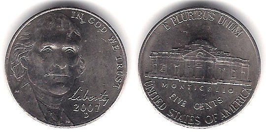 (381) Estados Unidos de América. 2007(D). 5 Cents (EBC)