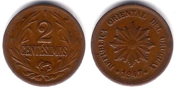 (20a) Uruguay. 1947. 2 Centesimos (MBC)