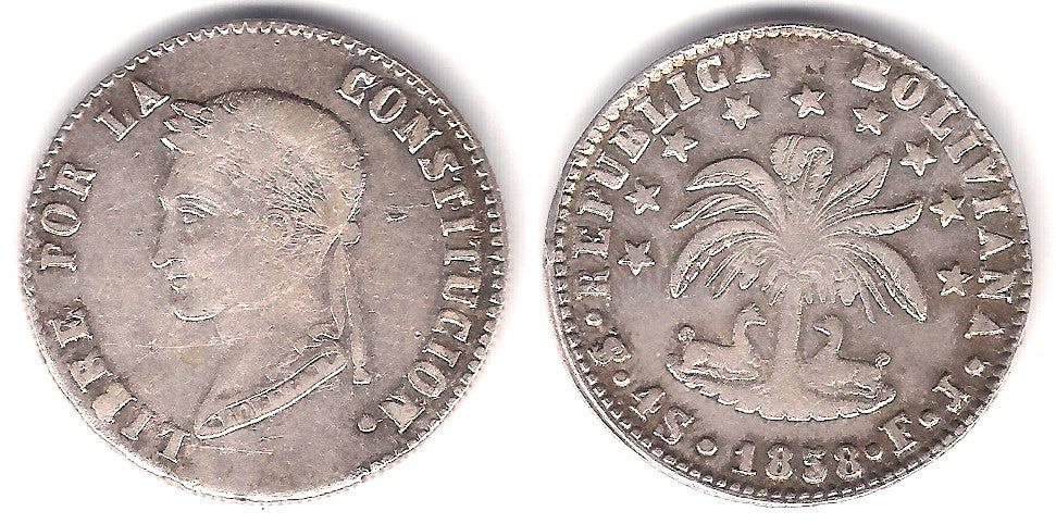 (123.2) República Boliviana. 1858. 4 Soles (MBC+/MBC) (Plata) Ceca de Potosí FJ