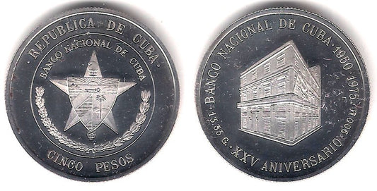 (36) Cuba. 1975. 5 Pesos (Proof) (Plata)