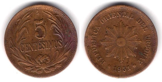 (21a) Uruguay. 1951. 5 Centésimos (MBC)