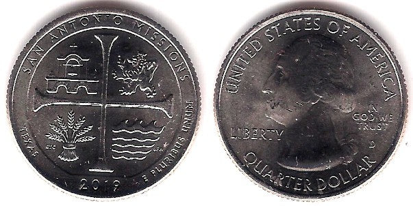 Estados Unidos de América. 2019(D). Quarter Dollar (SC) San Antonio Missions