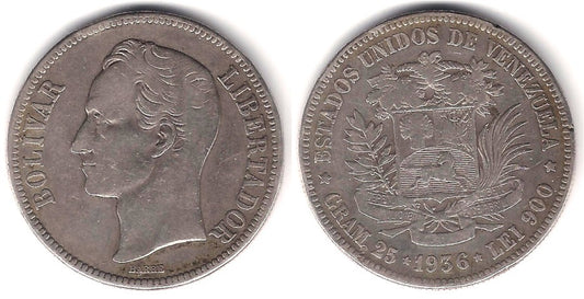 (Y24.2) Venezuela. 1936. 5 Bolivares (BC) (Plata)