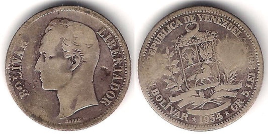 (Y37) Venezuela. 1954. 1 Bolivar (BC-) (Plata)