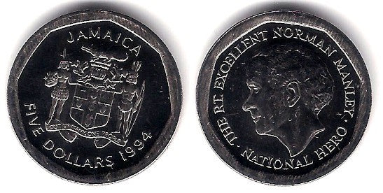 (163) Jamaica. 1994. 5 Dollars (EBC)