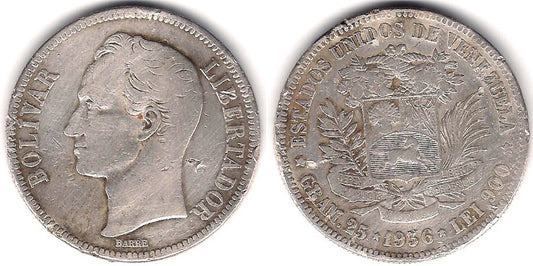 (Y24.2) Venezuela. 1936. 5 Bolivares (BC/BC-) (Plata)