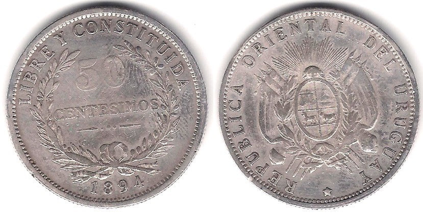 (16) Uruguay. 1894. 50 Centesimos (MBC) (Plata)