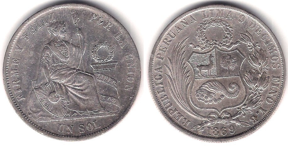 (196.3) Perú. 1869. 1 Sol (MBC+) (Plata)
