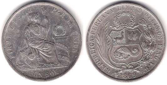 (196.3) Perú. 1869. 1 Sol (MBC+) (Plata)