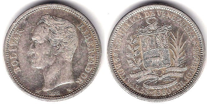 (YA37) Venezuela. 1960. 2 Bolivares (EBC) (Plata)