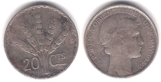 (29) Uruguay. 1942. 20 Centesimos (BC/BC+) (Plata)