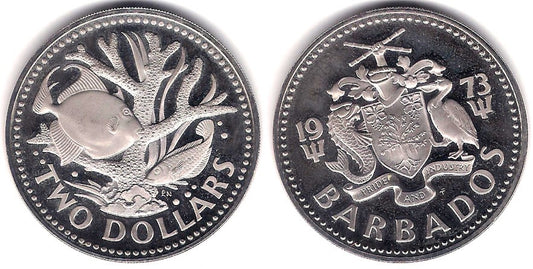 (15) Barbados. 1973. 2 Dollars (SC)
