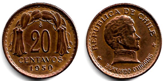 (177) Chile. 1950. 20 Centavos (EBC+)