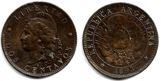 (33) Argentina. 1893. 2 Centavos (MBC-) Leve rotura en anverso